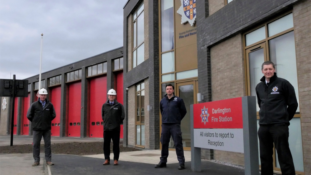 Pictured left to right, Graham Wood Tolent senior site manager, Jeremy Marley Tolent contracts manager, Simon Davison Watch Manager Red Watch, Deputy Chief fire officer Steve Helps.