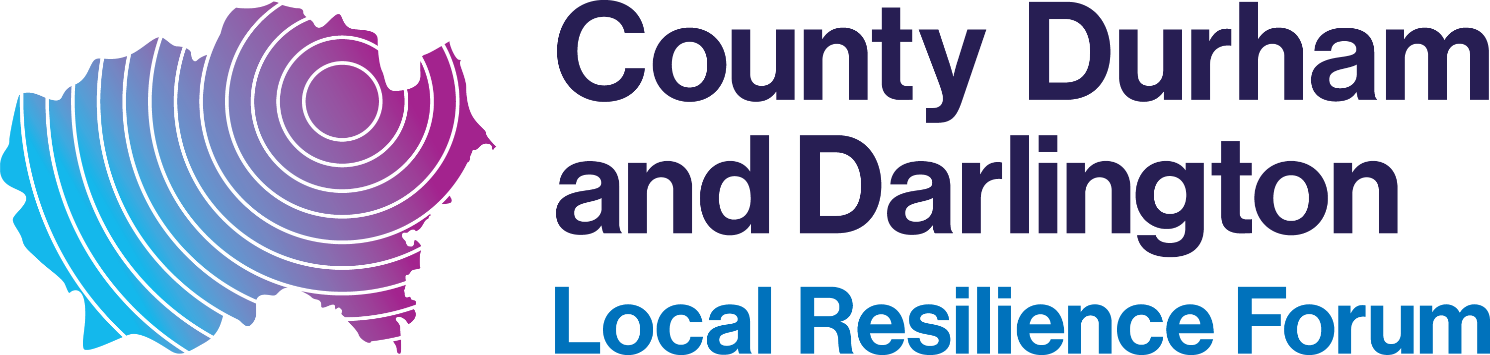 County Durham and Darlington Local Resilience Forum logo, to the left there is an outline of the County Durham and Darlington border that is blue and purple. The Text to the right states the name County Durham and Darlington local Resilience Forum, the text is dark blue and light blue