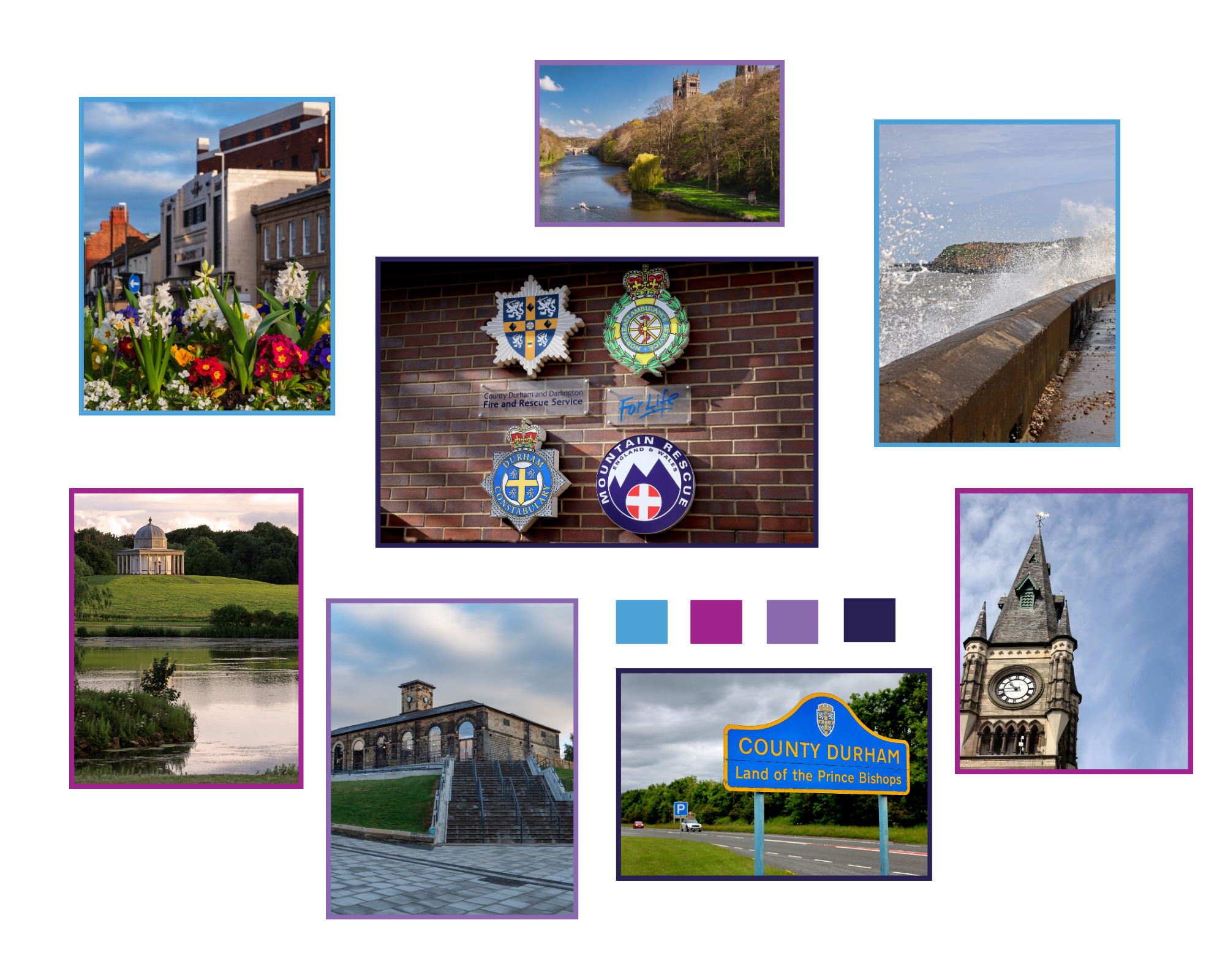 Collage of images from County Durham and Darlington landmarks, 8 images with purple, blue, dark blue and lilac borders. A colour key is also seen on the collage. The images are all rectangular and are set out in a square. 