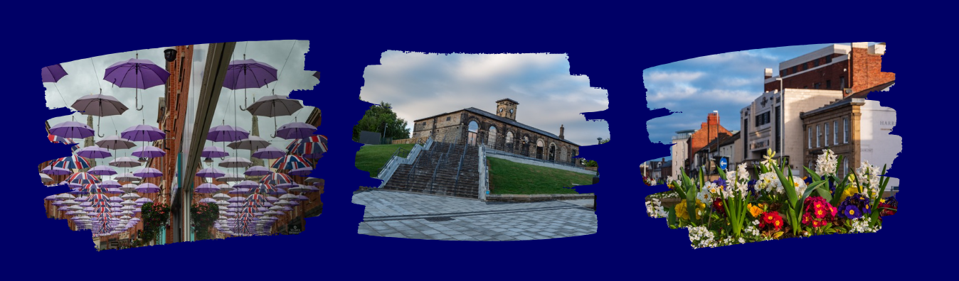 Three images on a dark blue background, these images look as if they are peeking through the dark blue background. The first image on the left is of Durham City centre. The second image in the middle is of Darlington Hopetown, the third image on the right is of Darlington. 