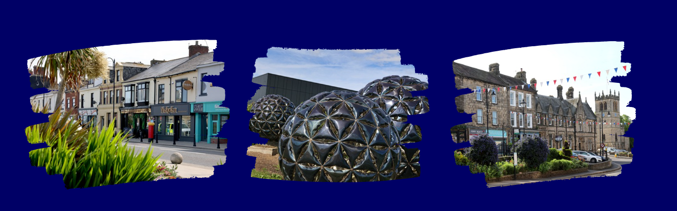 Three images on a dark blue background, these images look as if they are peeking through the dark blue background. The first image on the left is of Seaham. The second image in the middle is of Sedgefield NetPark, the third image on the right is of Barnard Castle. 