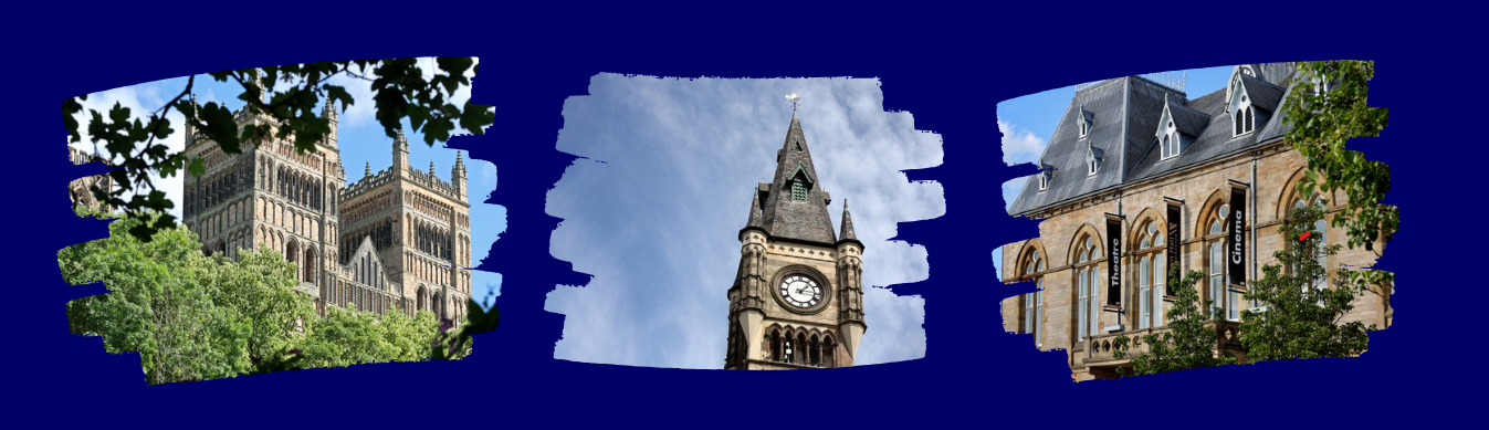 Three images on a dark blue background, these images look as if they are peeking through the dark blue background. The first image on the left is of Durham cathedral. The second image in the middle is of Darlington clock, the third image on the right is of the Spanish gallery in Bishop Auckland. 