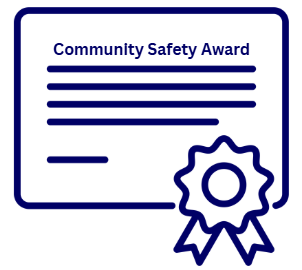 Certificate clipart with dark blue borders, text on the clipart says 'Community Safety Award'