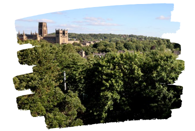 Wideshot of Durham Cathedral surrounded by greenery, trees and bushes with Cathedral in the upper left corner. The image is not in a smooth border, it has got the effect of a drawn on border. 