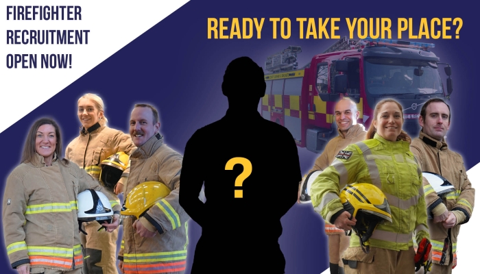 6 firefighters, the 7th is silhouetted with a question mark, with the text "ready to take your place? Firefighter recruitment open now" 