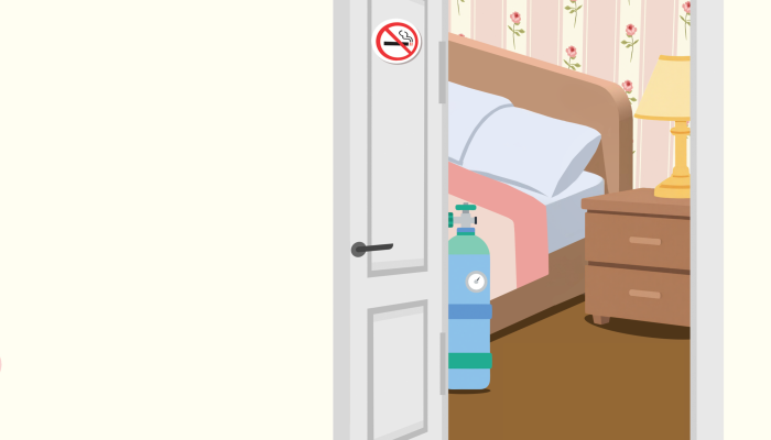 An illustration of a bedroom with and oxygen cylinder next to the bed