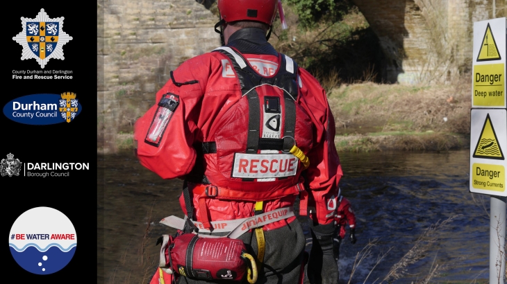 be water aware this easter. firefighter in water rescue kit next to a river. four logos of cddfrs, durham county council, darlington council, and the be water aware logo