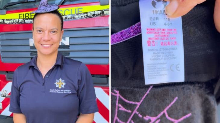 Barnard Castle on-call firefighter Cinnamon Filipiak and a Halloween costume showing the CE mark. 