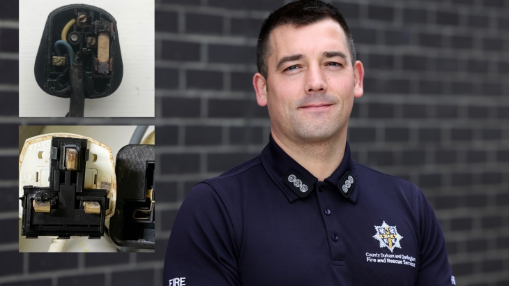 Station Manager Billy McAloon wearing blue polo shirt. Inset pics of burnt out plugs.