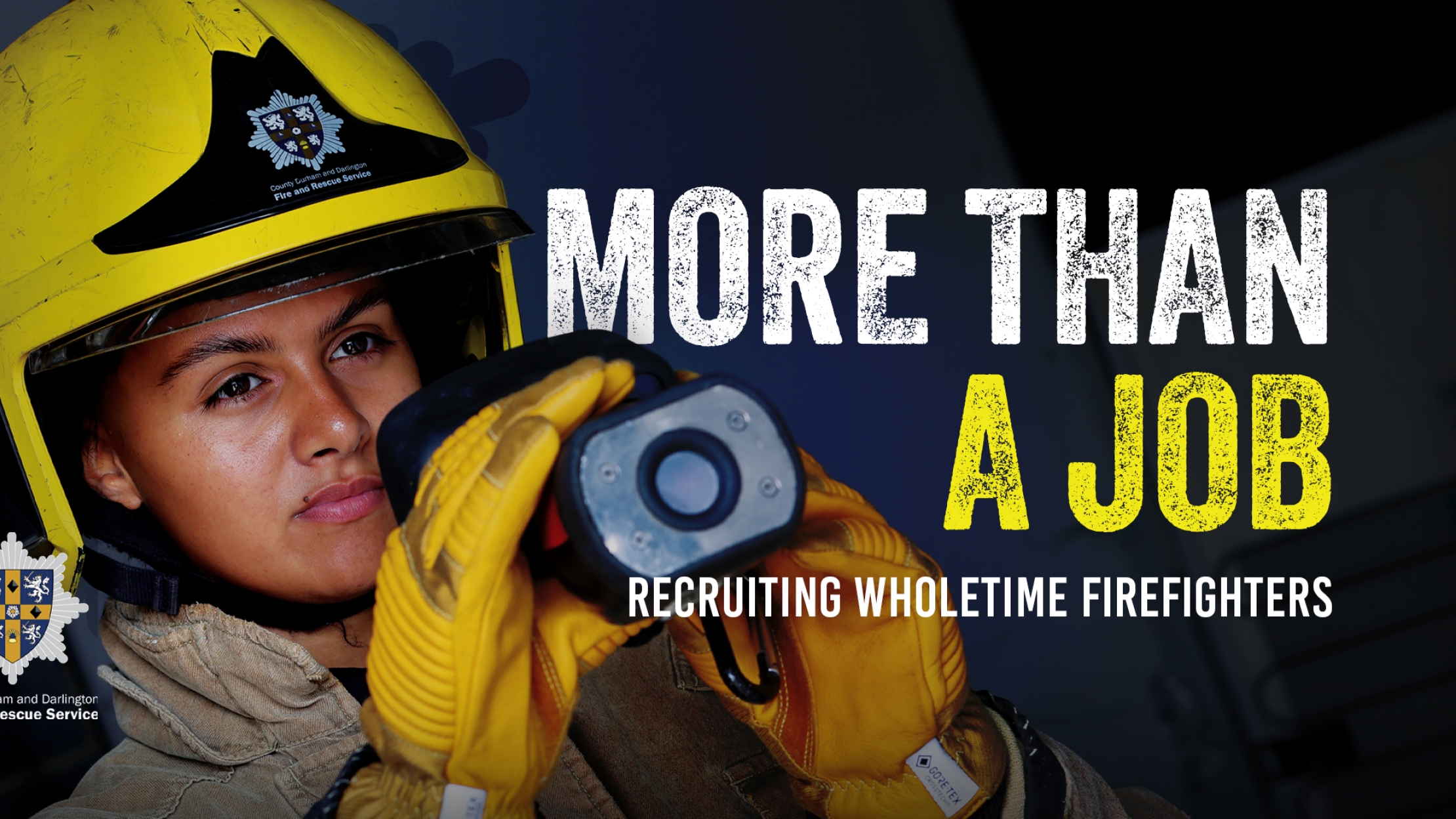 an image of a female firefighter with the text "More than a job, recruiting wholetime firefighters"