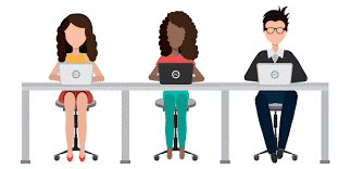 a graphic of three employees in front of laptops at their desks