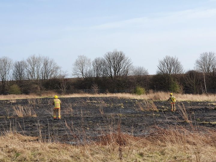 image of a grass fire with two firefighters and hoses