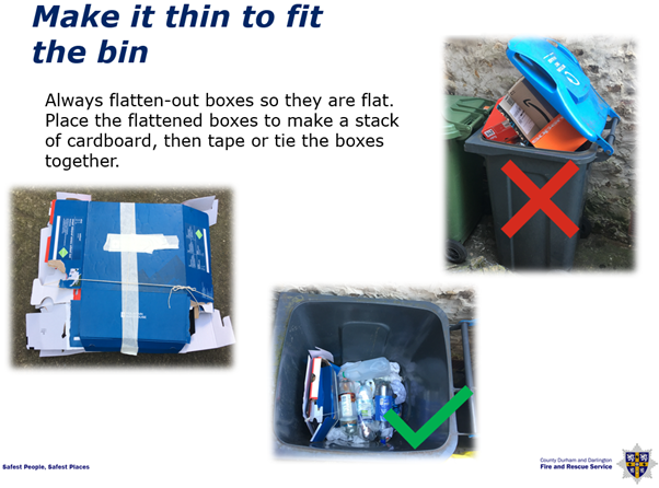 picture indicating the correct way to fill a bin with text: Always flatten-out boxes so they are flat. Place a the flattened boxes to make a stack of cardboard, then tape or tie the boxes together. 