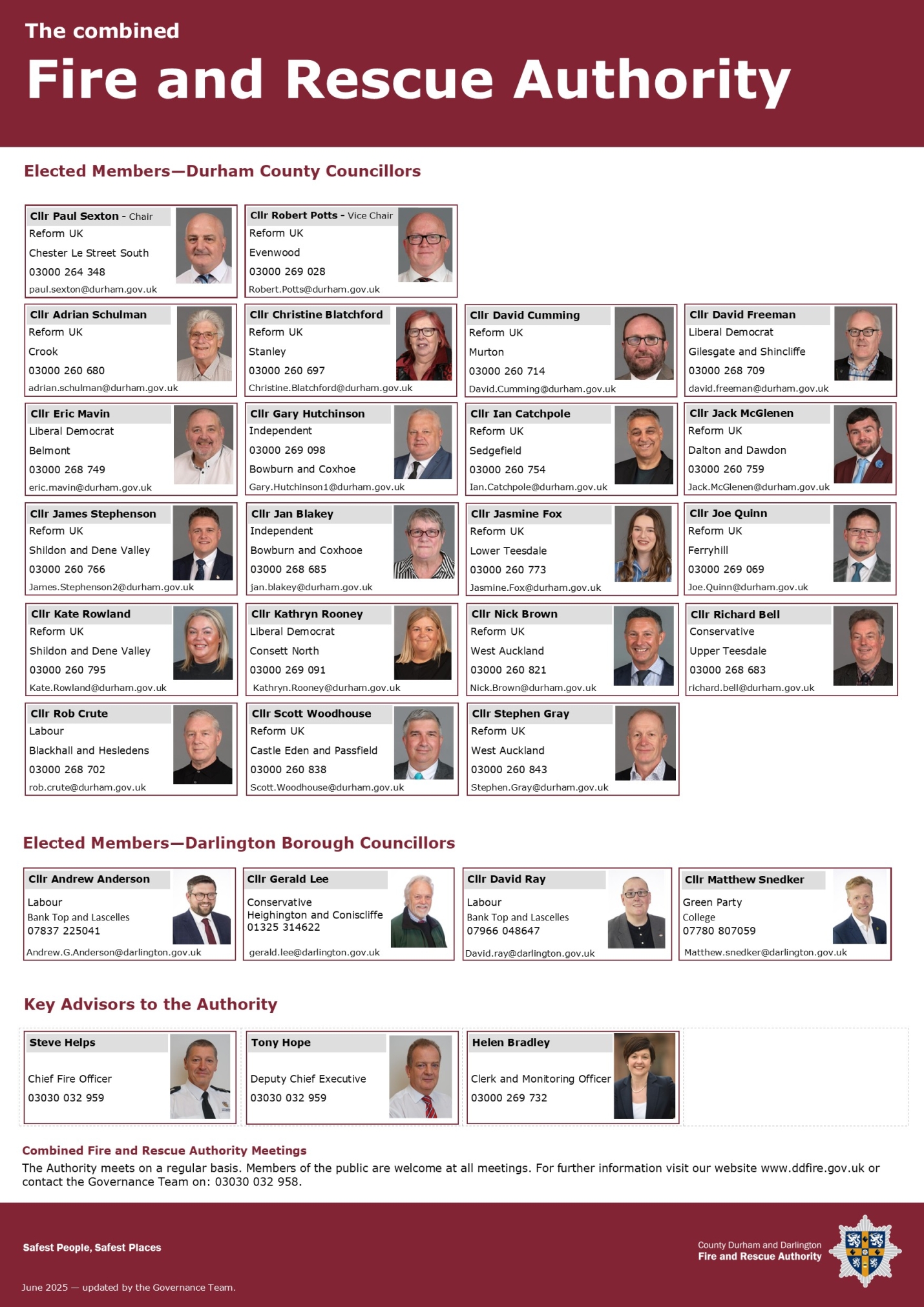 A poster showing the members of the Combined Fire Authority as of June 2025