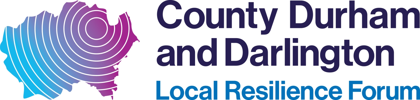 County Durham and Darlington logo. The logo is made up of dark blue, light blue and purple. The logo has an emblem of the county to the left hand side.