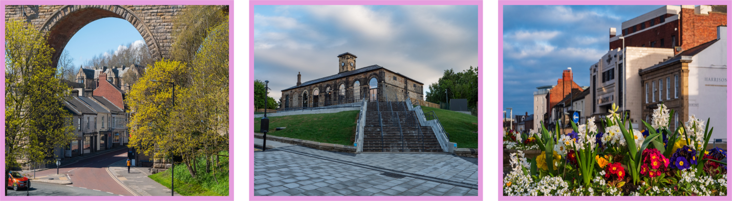 3 images of Durham and Darlington. The first image is of the railway bridge in Durham. The second image is of Hopetown in Darlington. The third image is of a flower bed within Darlington centre with a blurred background of Darlington. 
