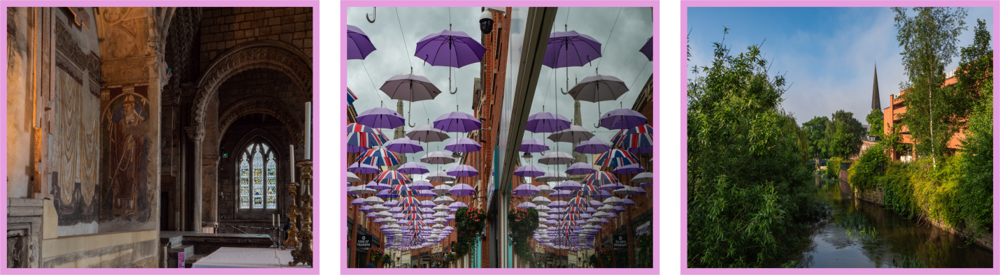 3 images of Durham and Darlington. The first image is of the inside of Durham Cathedral. The second image is of the umbrellas in Durham market place. The third image is of Darlington and the river.