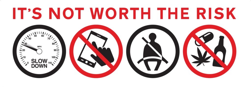 Its not worth the risk infographic - showing 4 graphics; 1. a car speedometer at low speed, 2. a person wearing a seatbelt, 3. a finger touching a phone screen with a red line through it, 4. a picture of drugs and alcohol with a red line through it. 
