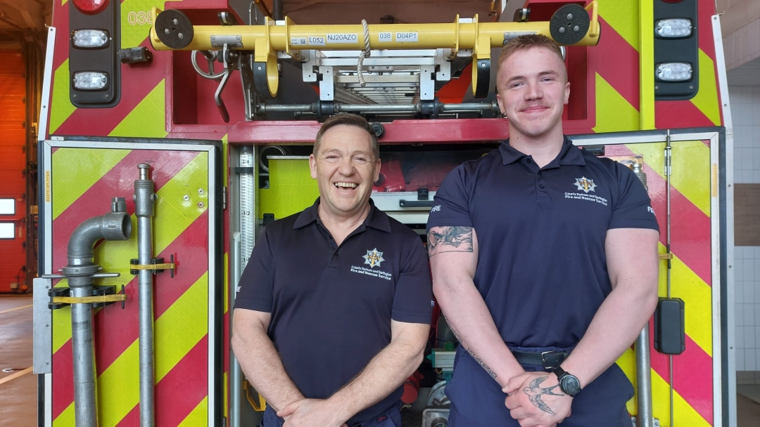Peterlee Firefighter Clive Hudson with son, Apprentice Firefighter Ben Hudson. 
