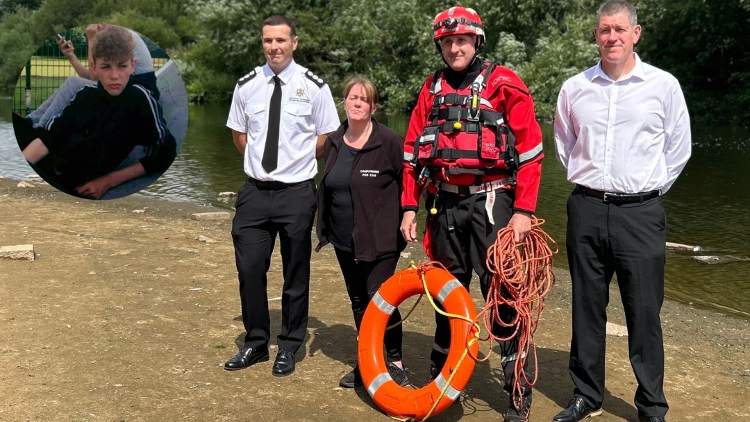 CDDFRS Station Manager Gary Tough, Mum Fiona Gosling, Crew Manager Chris Amos, Chair of the County Durham Open Water Safety Group, David Gray. 