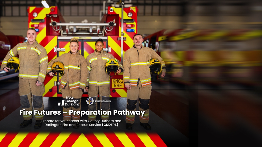 Four firefighters wearing fire kit with helmets under their arms standing in front of a fire engine. 