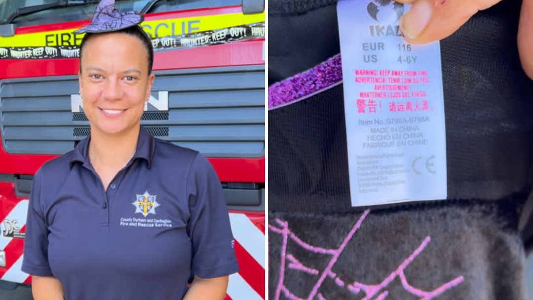 Barnard Castle on-call firefighter Cinnamon Filipiak and a Halloween costume showing the CE mark.