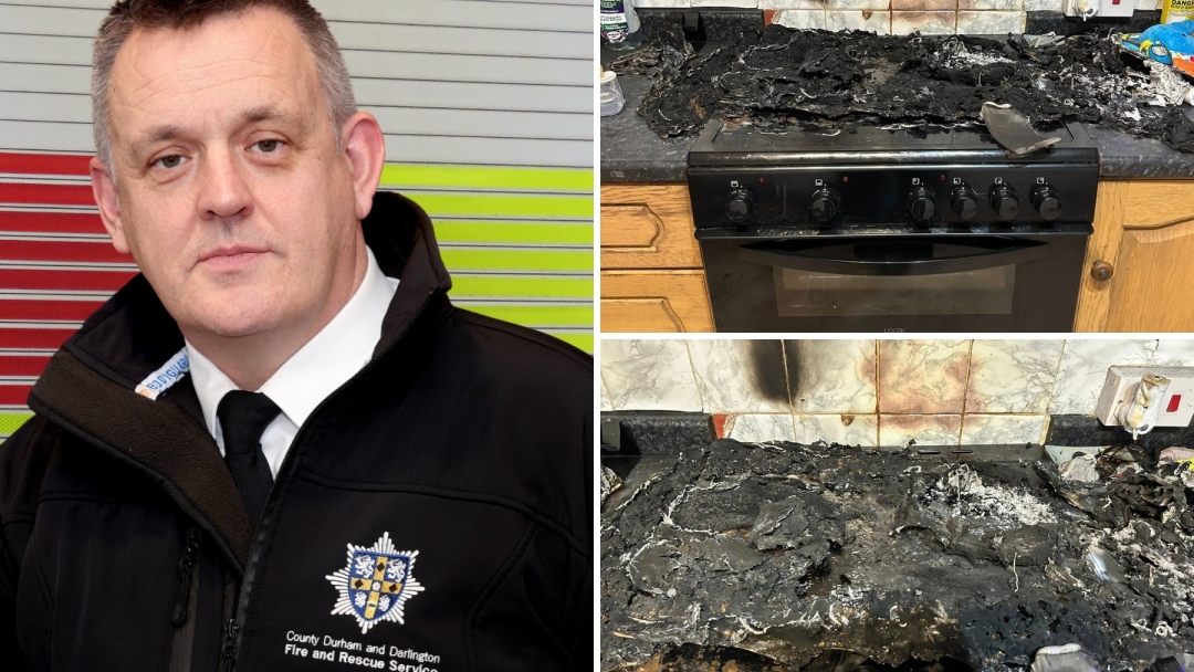 Group Manager Jon Singleton and image of kitchen fire where items were left on hob. 