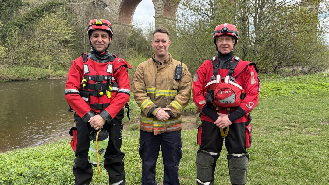 Be Water Aware 2026 Watch Manager Jonner Robinson (pictured centre) with Bishop Auckland firefighters.